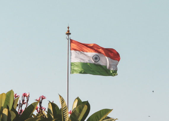 India flag against blue sky and some plants