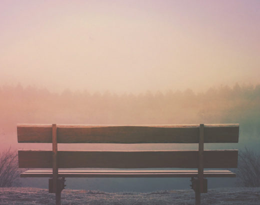 wooden bench facing sunset