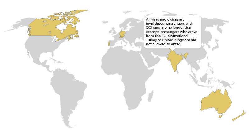 covd-19-map world map with travel restrictions in India marked