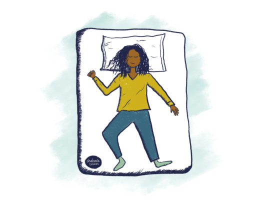 girl resting on bed with text below
