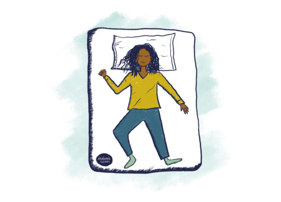 girl resting on bed with text below