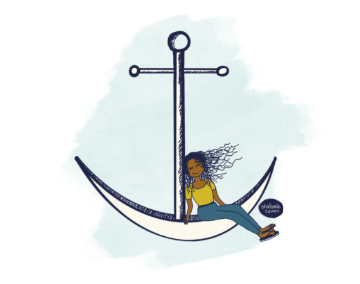 girl resting on an anchor with text below
