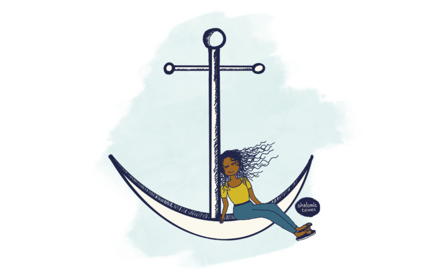 girl resting on an anchor with text below