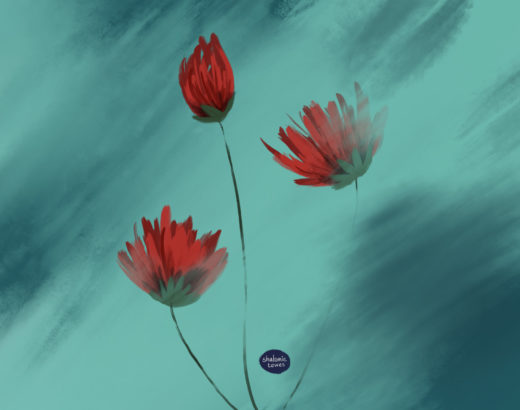 red flowers on green background watercolour