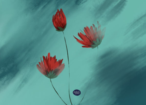 red flowers on green background watercolour