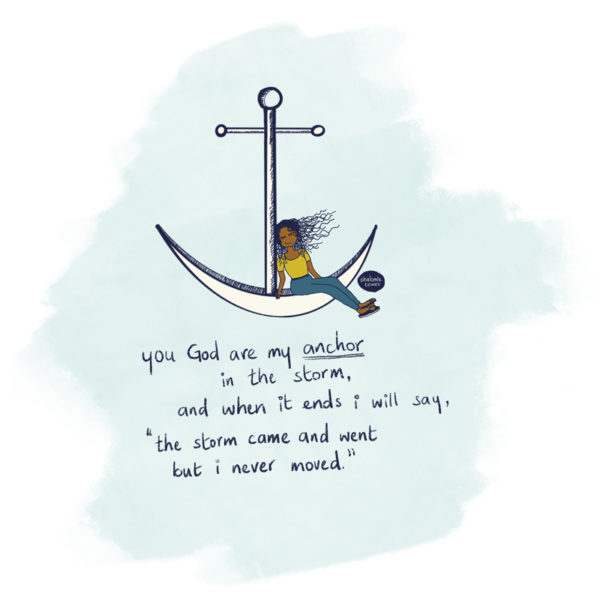 girl resting on an anchor with text below