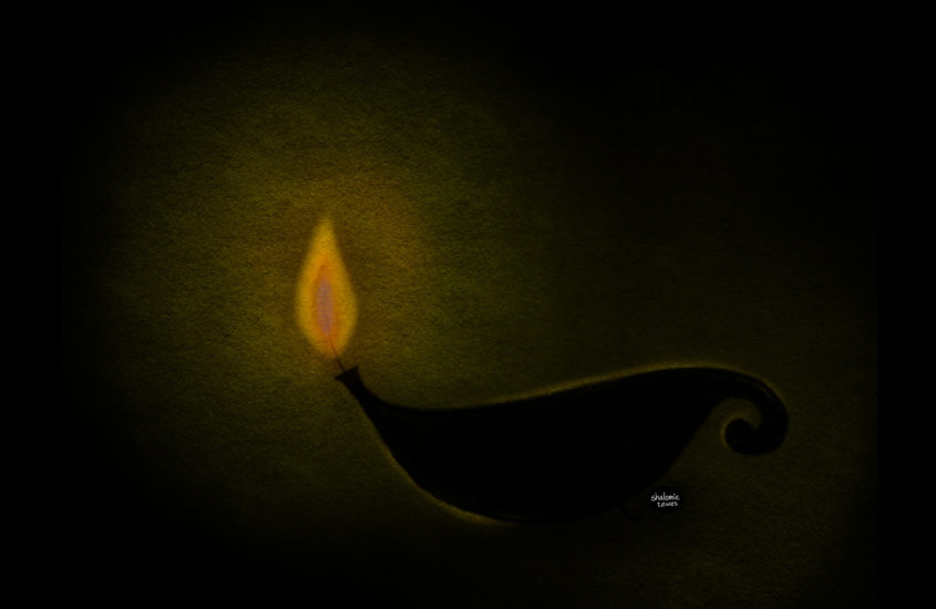 a lamp shining in the darkness - chalk drawing