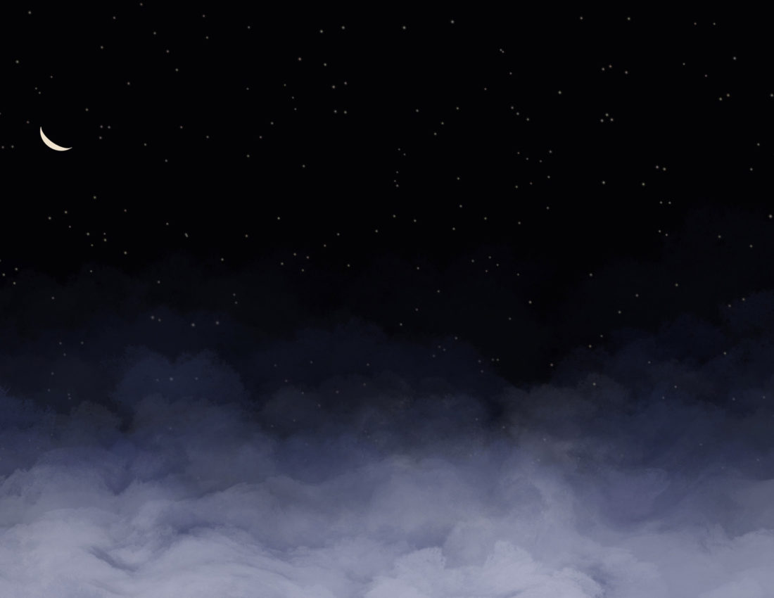 dark night sky with clouds and a crescent moon