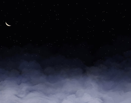 dark night sky with clouds and a crescent moon